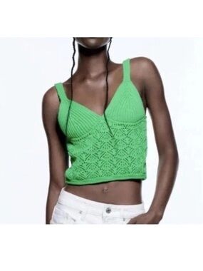 Zara Bright Green Crochet Knit Camisole Tank Top Boho V-neck M